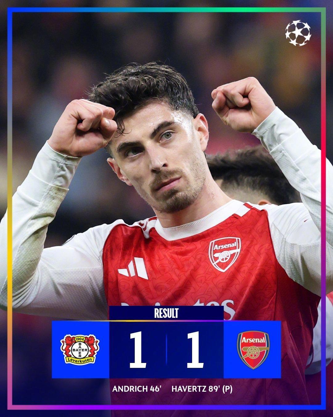 博鱼官网-热闻|哈弗茨点球绝平旧主！阿森纳1-1勒沃库森，欧冠8连胜终结